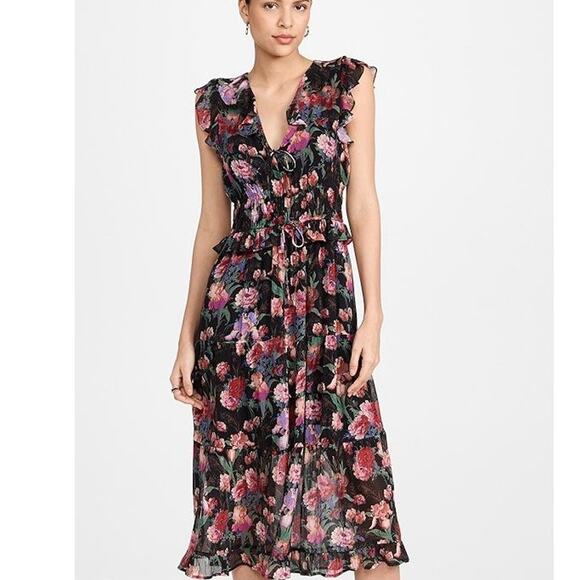 PAIGE Paradis Black Multi Floral Silk Ruffle Midi Maxi Dress SizeSmall $429 - Picture 3 of 16